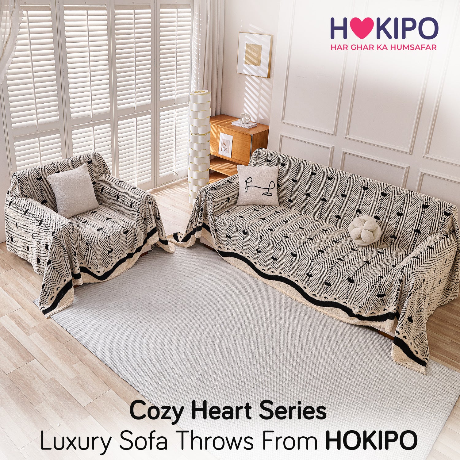 Buy Jade Black Cream Colour Cozy Heart Series Luxury Plush Sofa Throw for 3 1​ Seater Sofa Set | HOKIPO