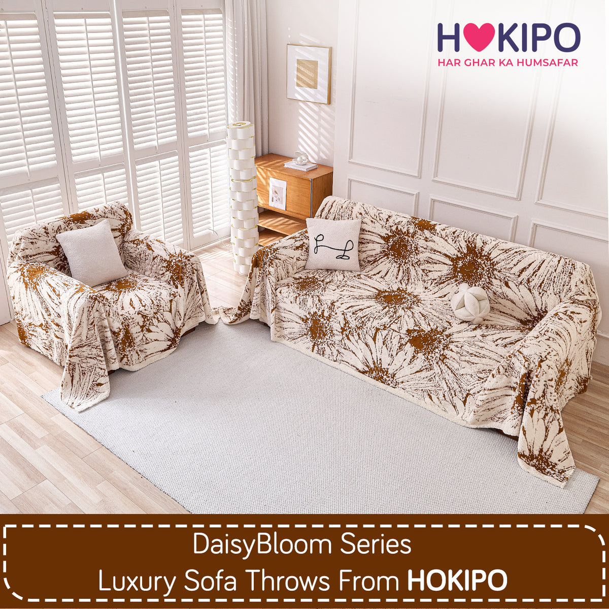 Buy Autumn Brown Colour DaisyBloom Series Luxury Plush Sofa Throw for 3 1​ Seater Sofa Set | HOKIPO