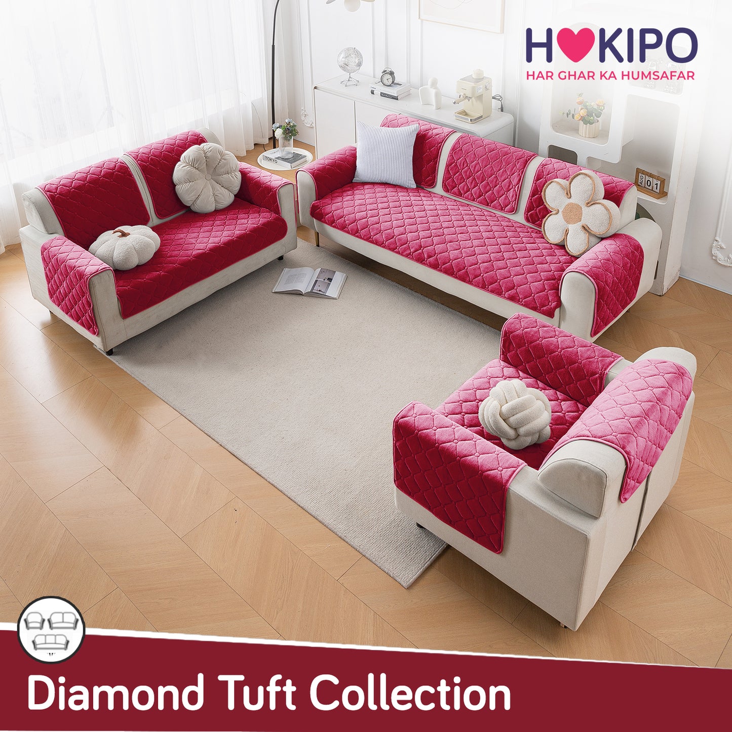 Diamond Tuft Plush Sofa Cover Mat, Raspberry Red