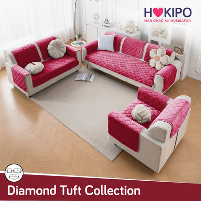Diamond Tuft Plush Sofa Cover Mat, Raspberry Red