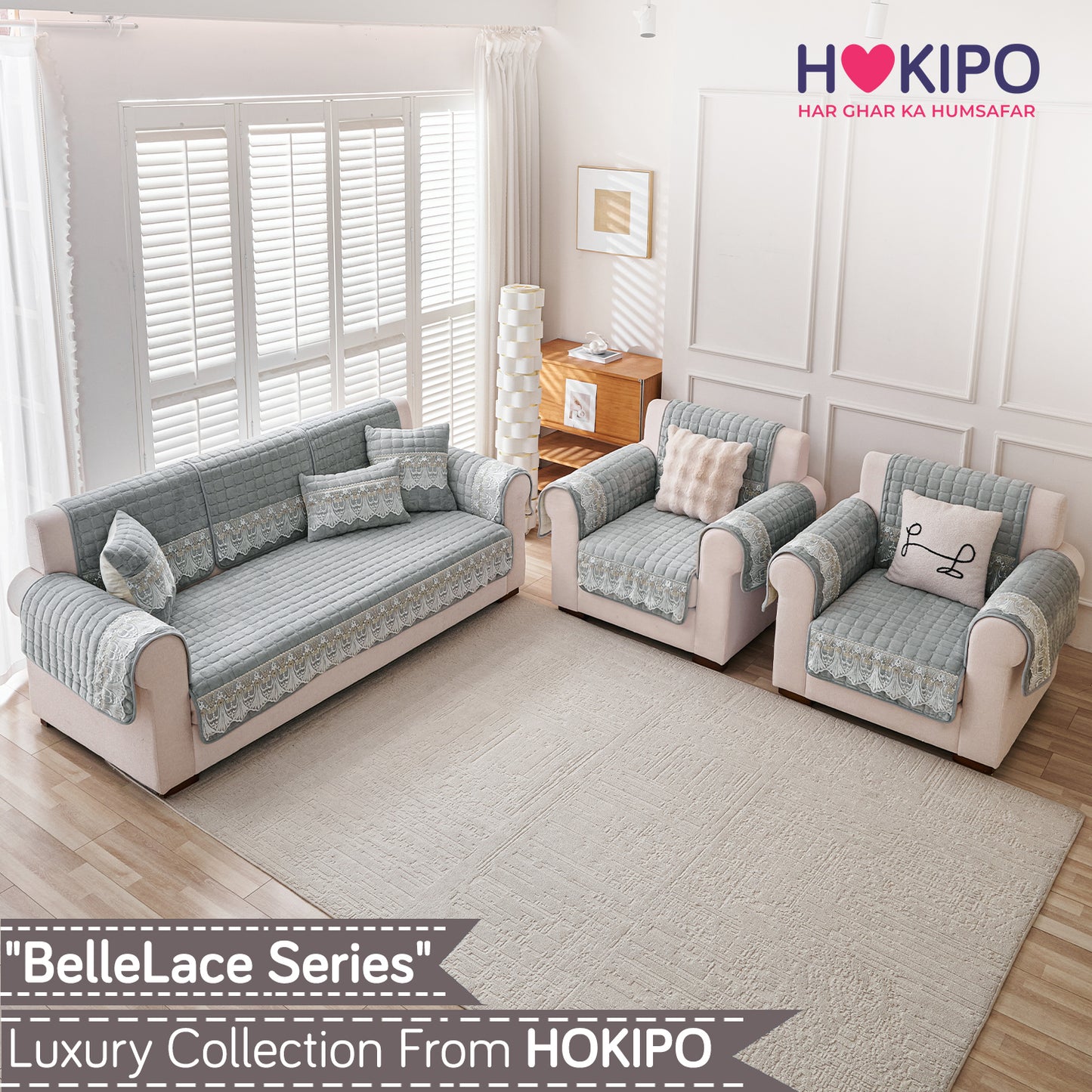 BelleLace Series 5-Seater Sofa Cover (3+1+1), Cloud Grey