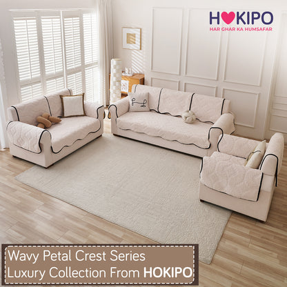 Embossed Floral Jacquard Anti-Slip Sofa Cover Mat, 'Wavy Petal Crest Series' Light Cream