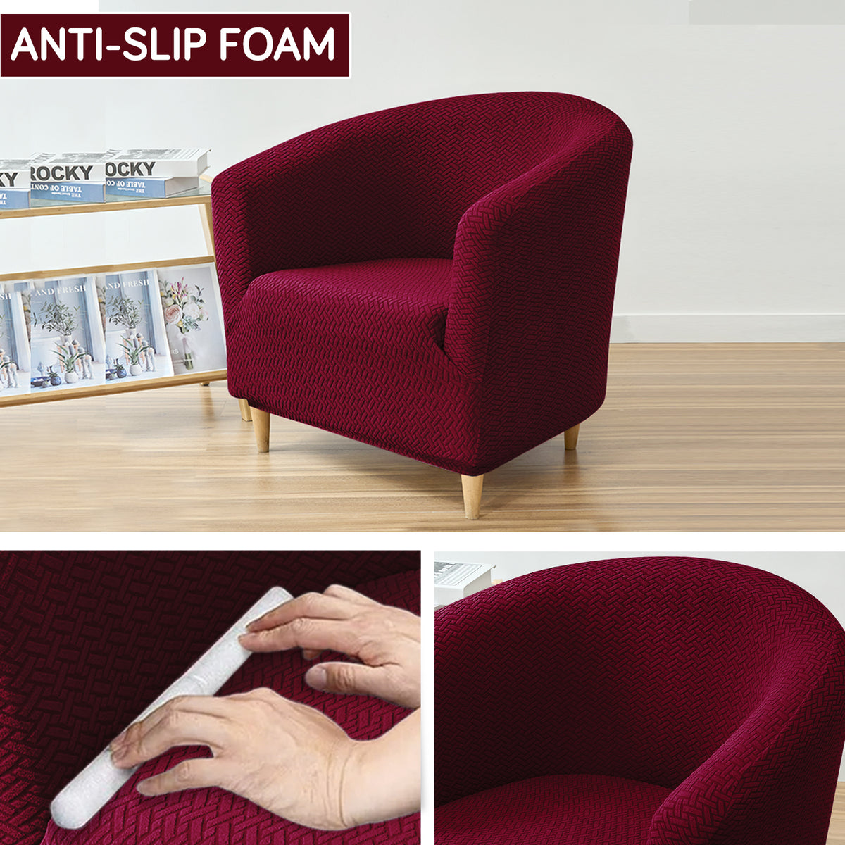 Premium Jacquard Stretchable Tub Chair Cover Slipcover, Burgundy