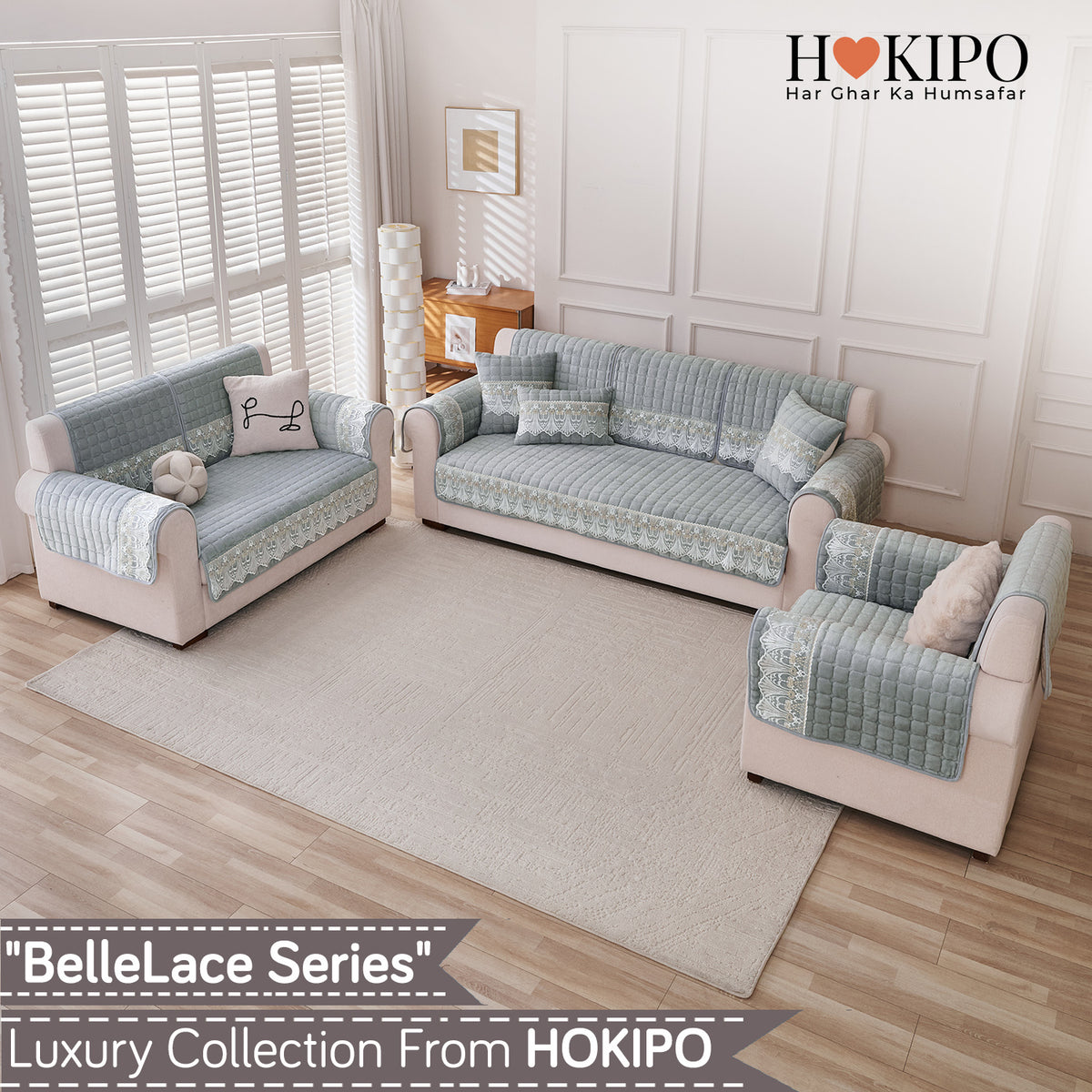 BelleLace Series Imperial Milk Velvet Sofa Cover Mat with Lace Design - Cloud Grey