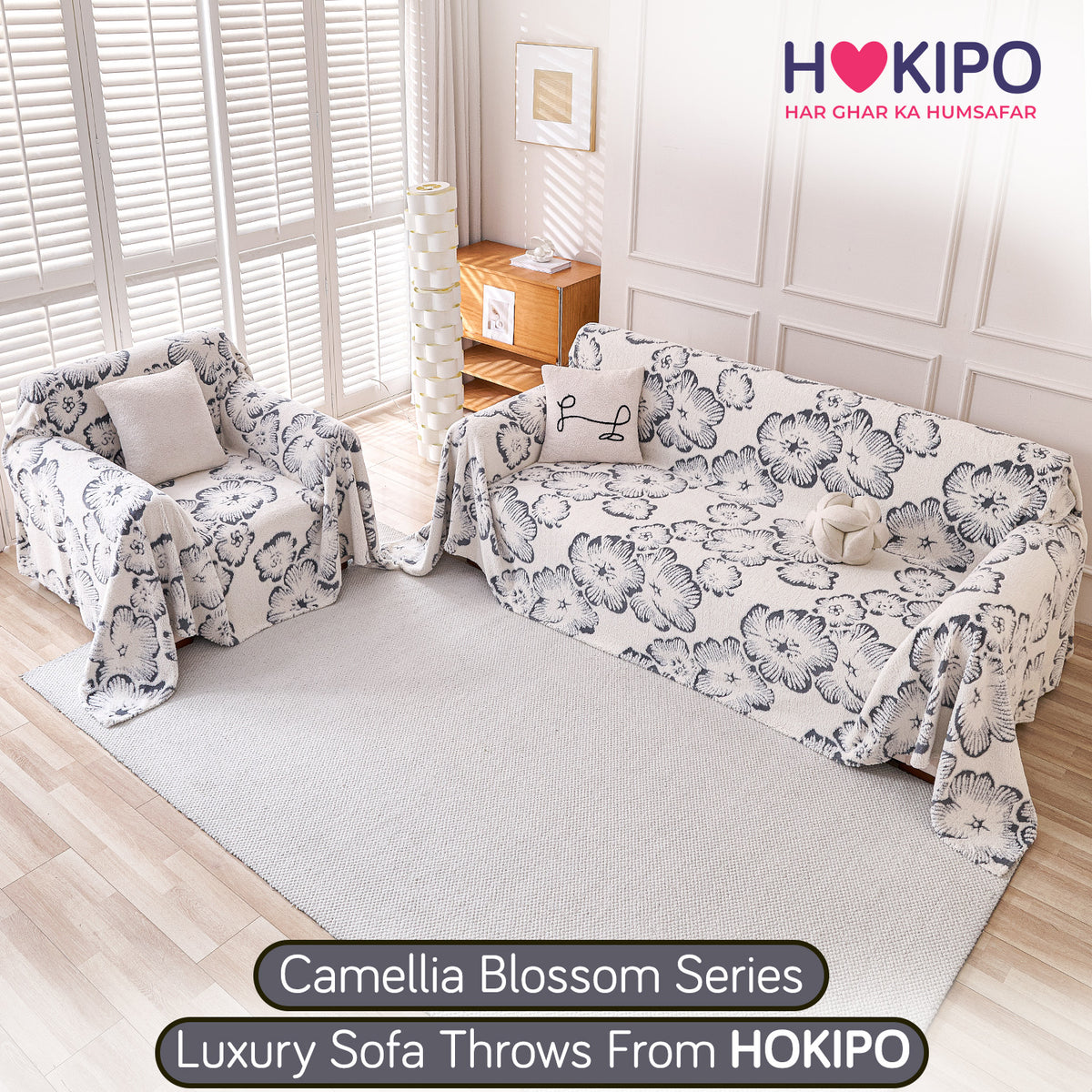 Buy Pearl Grey Colour Camellia Blossom Luxury Plush Sofa Throw​ for 3 2 seater​ sofa | HOKIPO