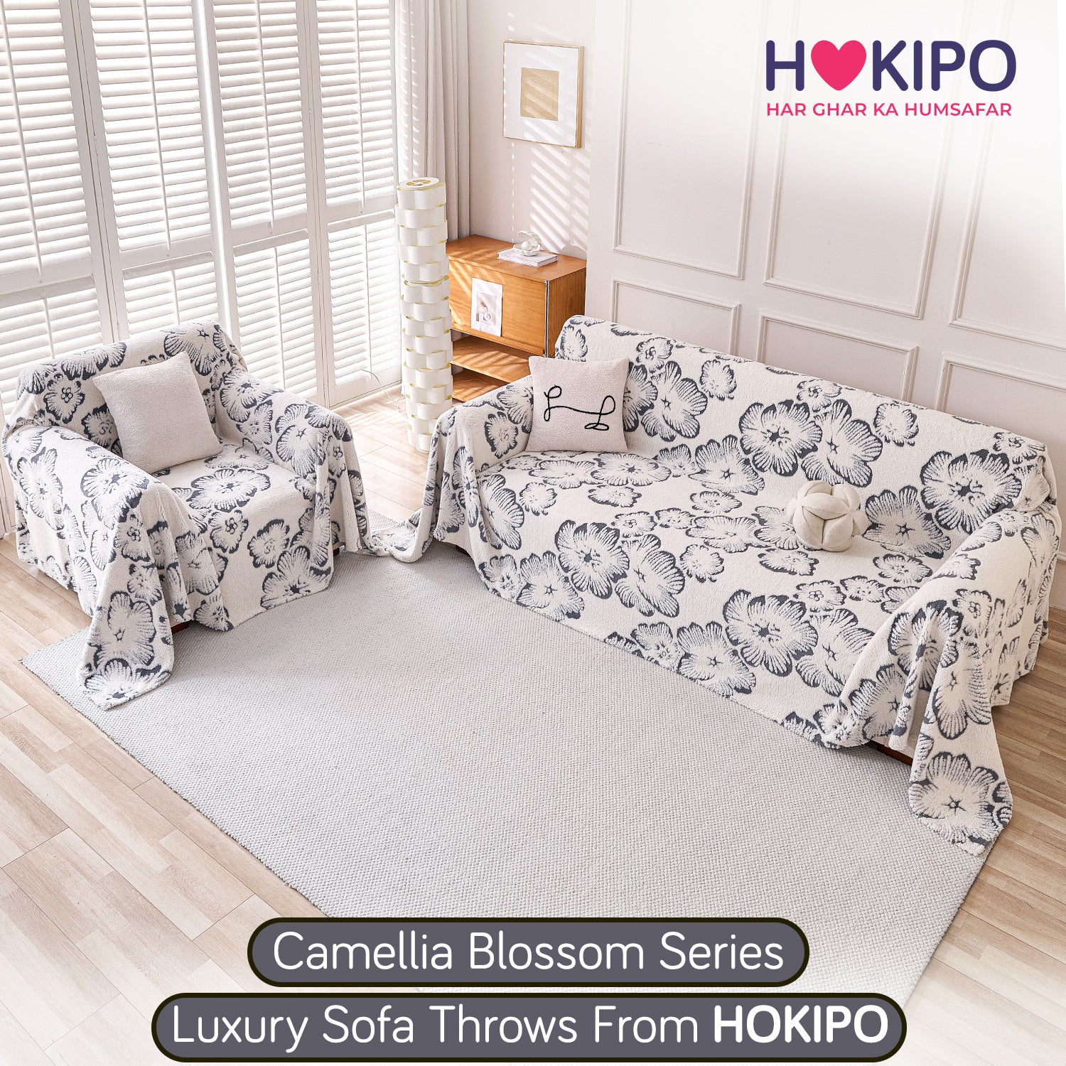 Buy Pearl Grey Colour Camellia Blossom Luxury Plush Sofa Throw​ for 3 2 seater​ sofa | HOKIPO