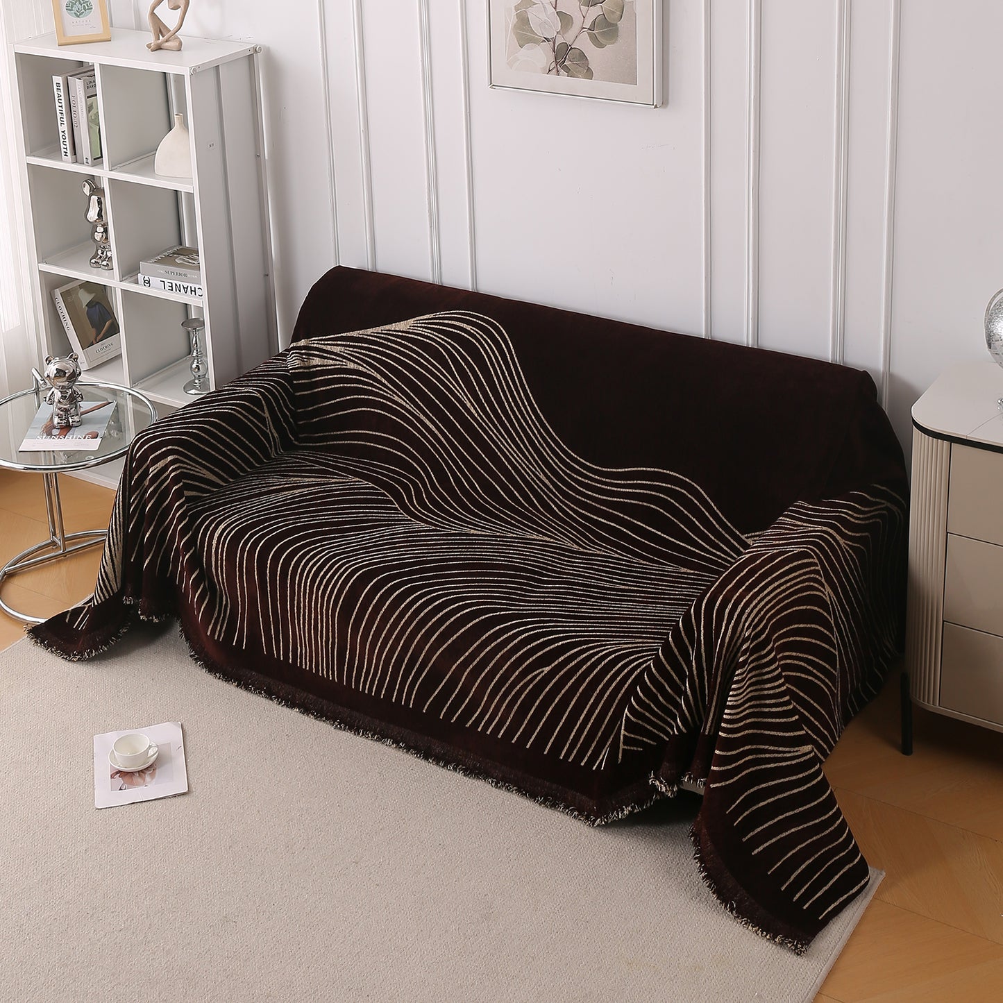 WaveLoom Collection Printed Chenille Sofa Cover Throw Blanket, Dark Coffee