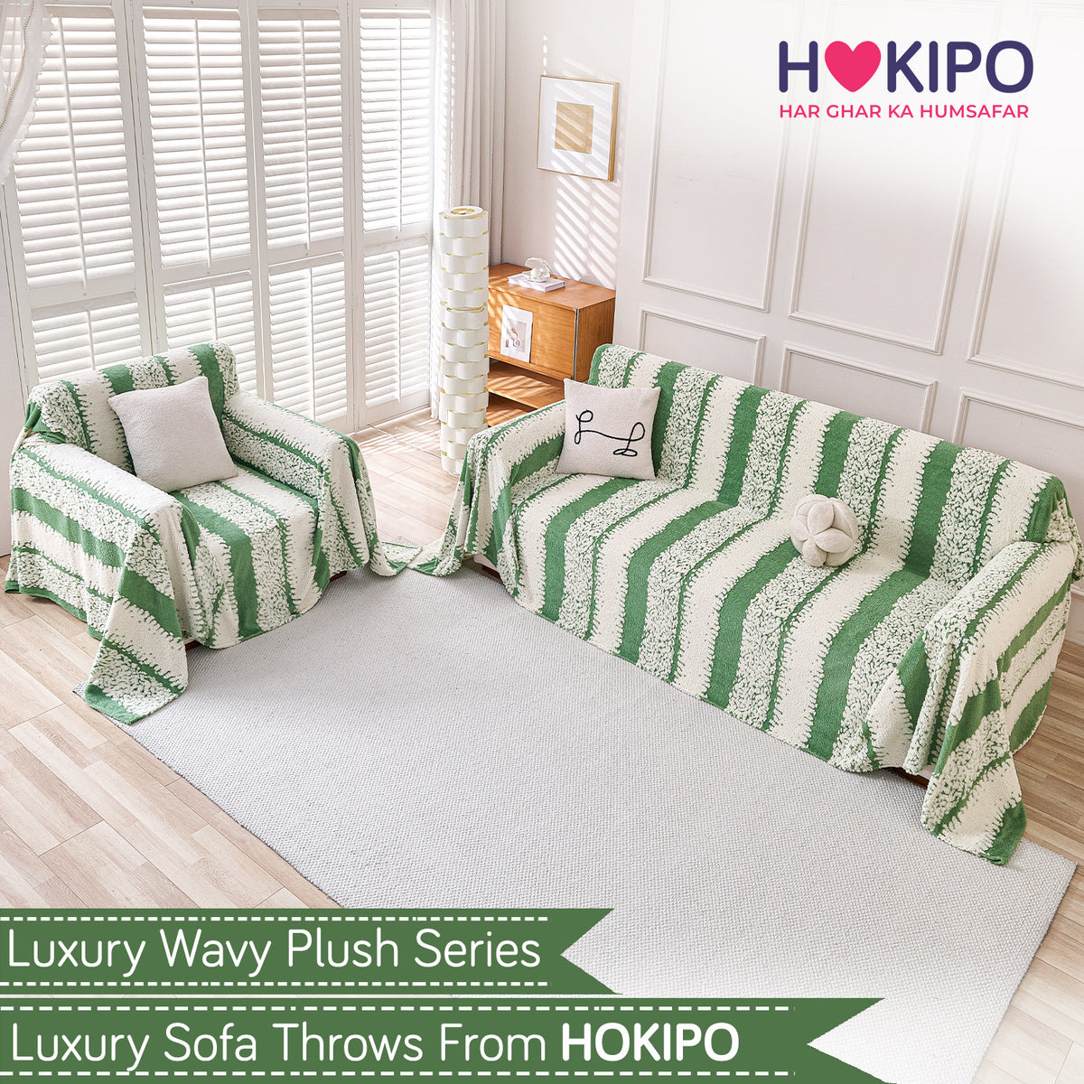 Plush Sofa Cover Throw for Complete Sofa 'Luxury Wavy Plush', Pistachio Green