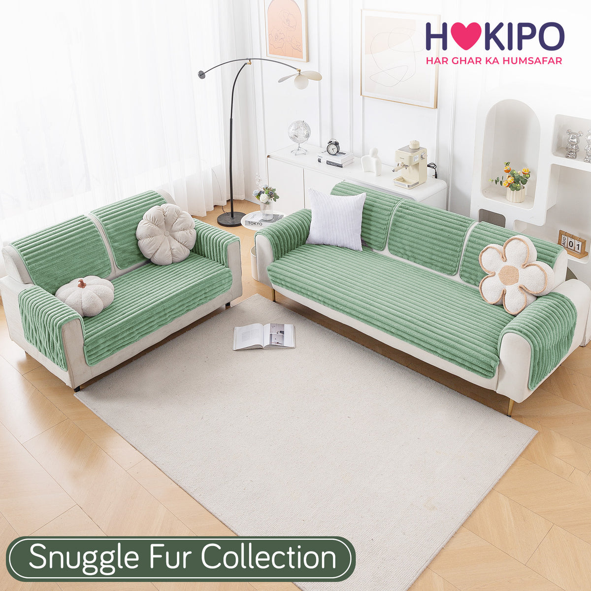 Faux Rabbit Fur Sofa Cover Combination Set, 'Snuggle Fur Series' Sage Green