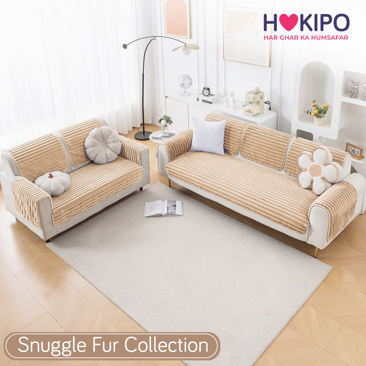 Faux Rabbit Fur Sofa Cover Combination Set, 'Snuggle Fur Series' Sand Brown