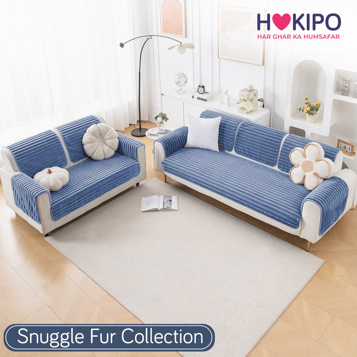 Faux Rabbit Fur Sofa Cover Combination Set, 'Snuggle Fur Series' Denim Blue