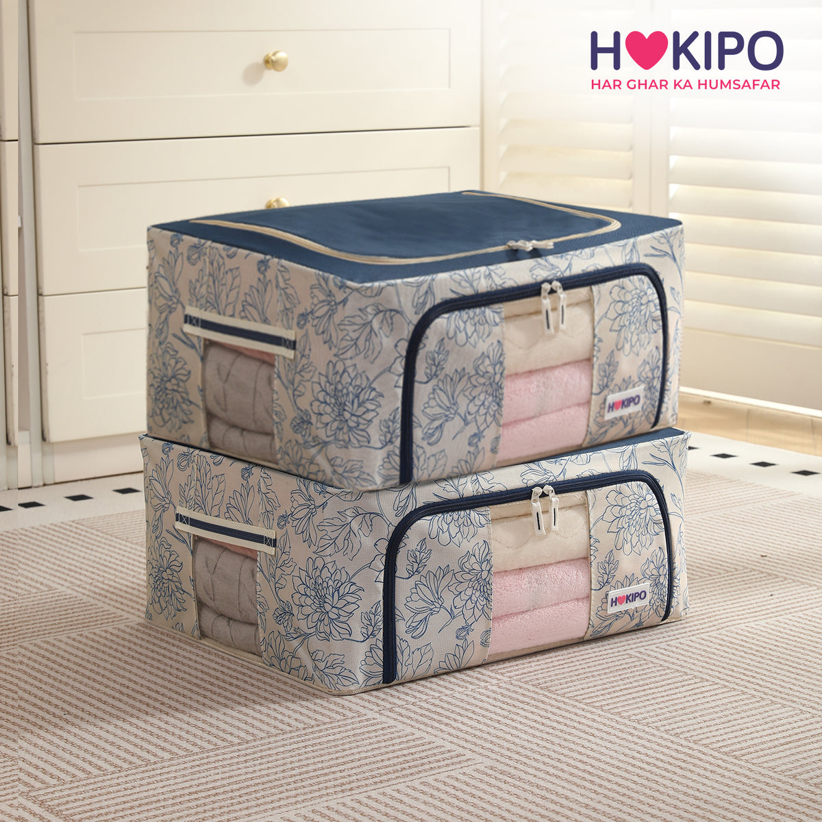 Foldable Cloth Storage Organizer for Wardrobe, Blue Blossom