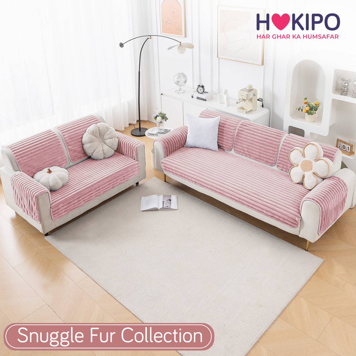 Faux Rabbit Fur Sofa Cover Combination Set, 'Snuggle Fur Series' Soft Pink
