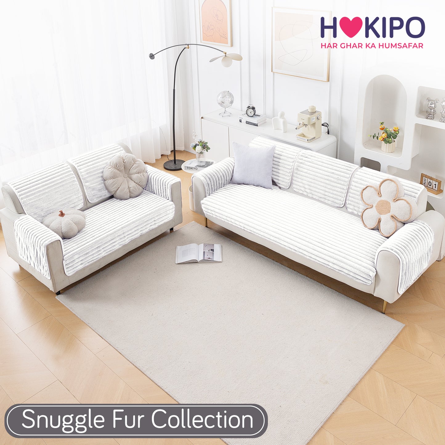 Faux Rabbit Fur Sofa Cover Combination Set, 'Snuggle Fur Series' Pearl White