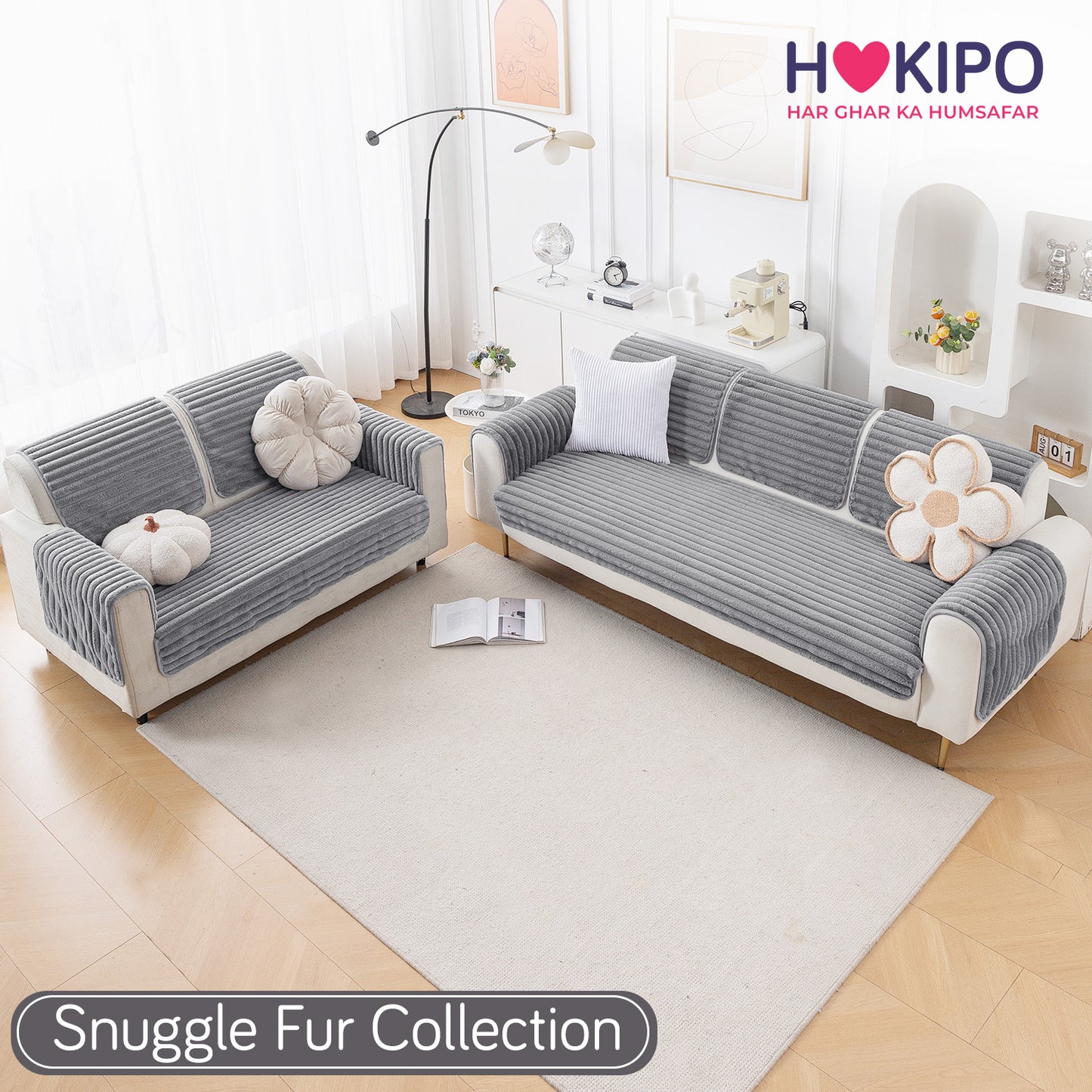 Faux Rabbit Fur Sofa Cover Combination Set, 'Snuggle Fur Series' Grey