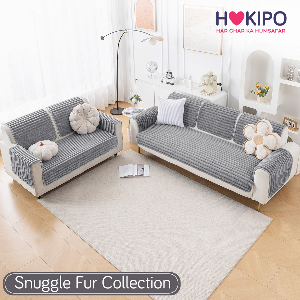 Faux Rabbit Fur Sofa Cover Combination Set, 'Snuggle Fur Series' Grey