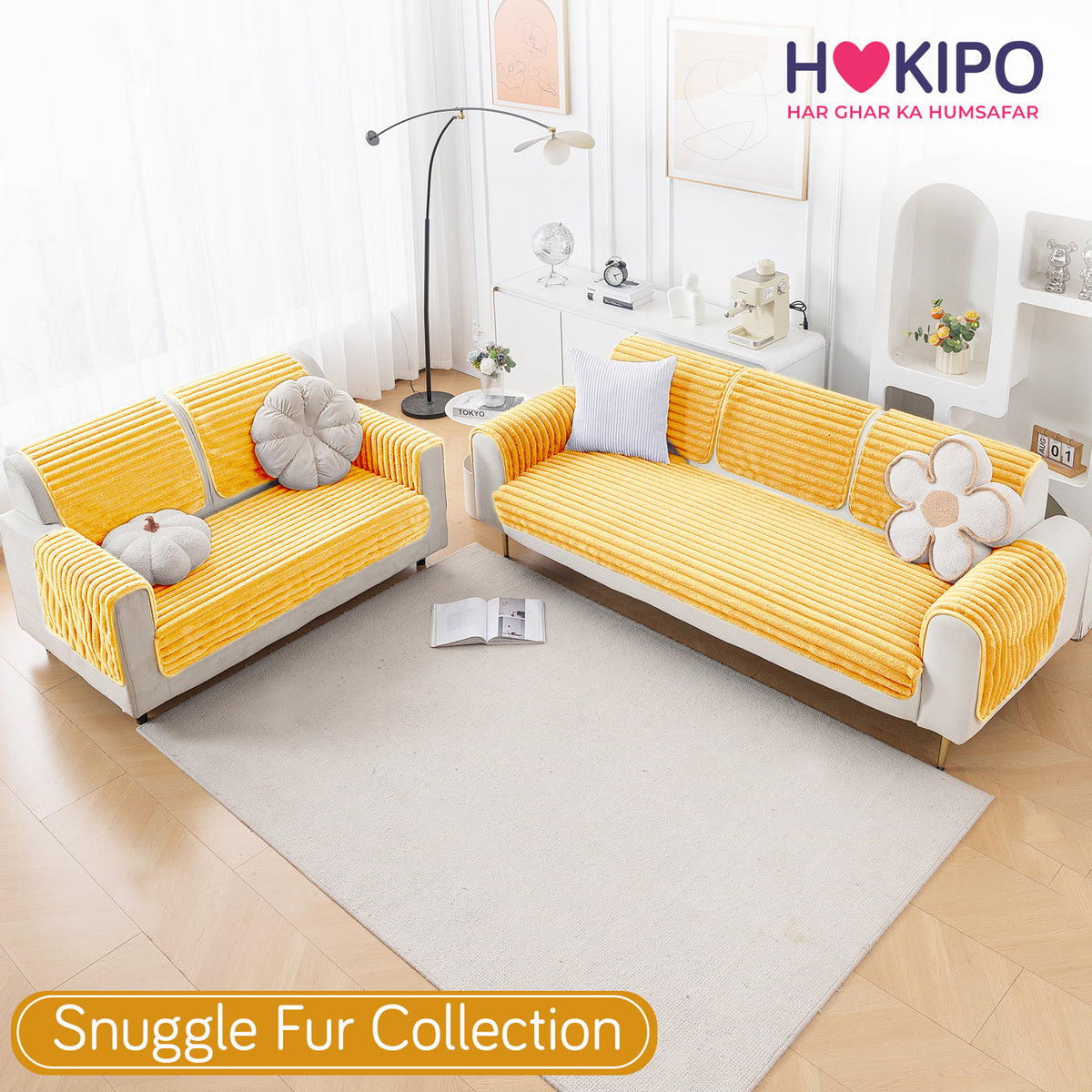 Faux Rabbit Fur Sofa Cover Combination Set, 'Snuggle Fur Series' Mustard Yellow