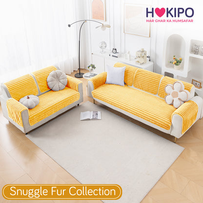 Faux Rabbit Fur Sofa Cover Combination Set, 'Snuggle Fur Series' Mustard Yellow