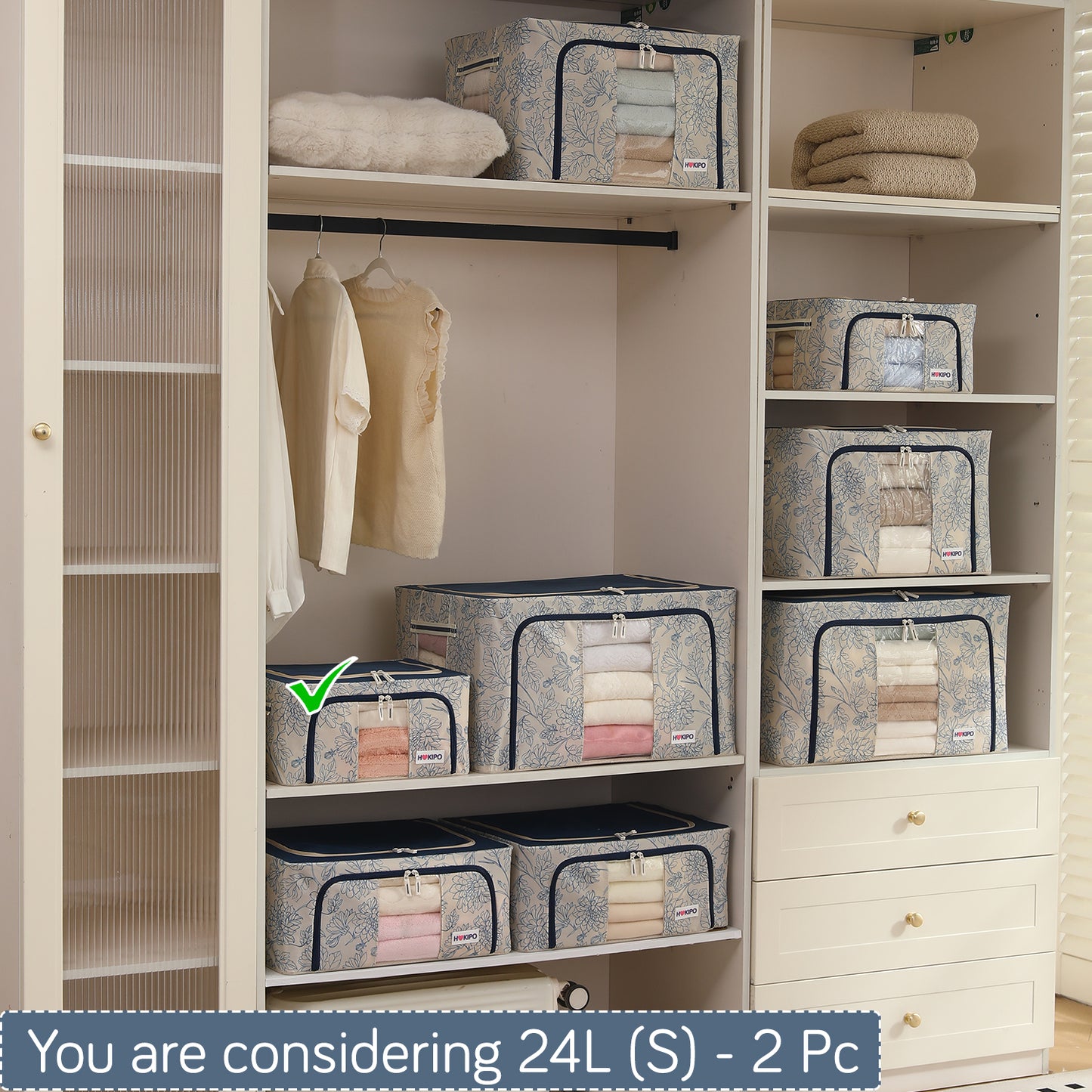Foldable Cloth Storage Organizer for Wardrobe, Blue Blossom