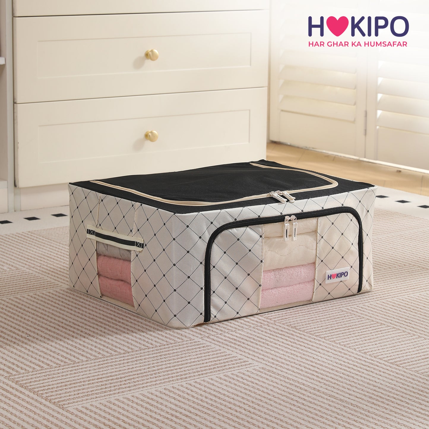 Folding Cloth Storage Box and Organizer for Wardrobe - Ivory Noir