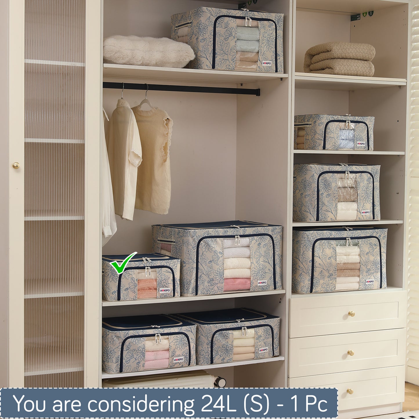 Foldable Cloth Storage Organizer for Wardrobe, Blue Blossom