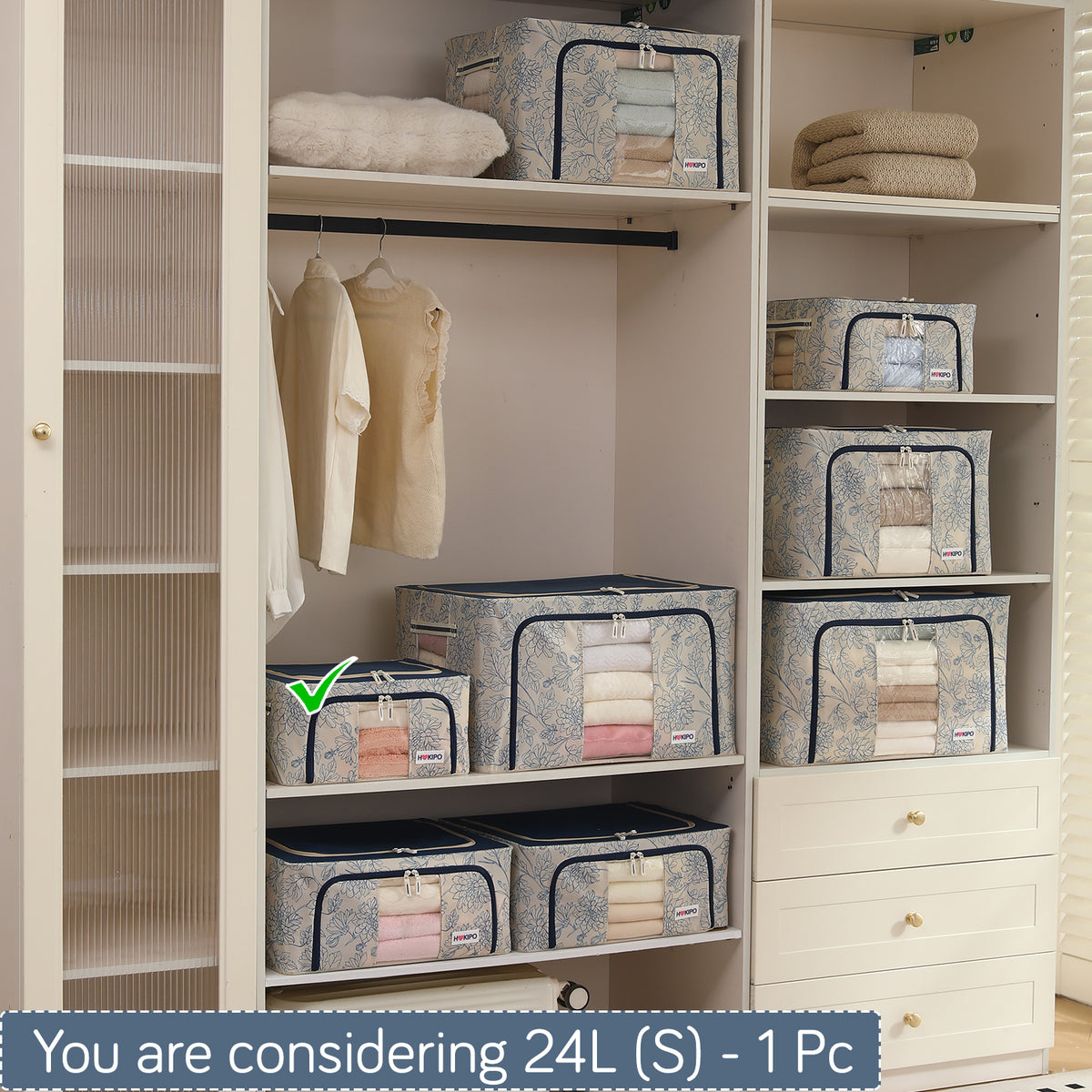 Foldable Cloth Storage Organizer for Wardrobe, Blue Blossom