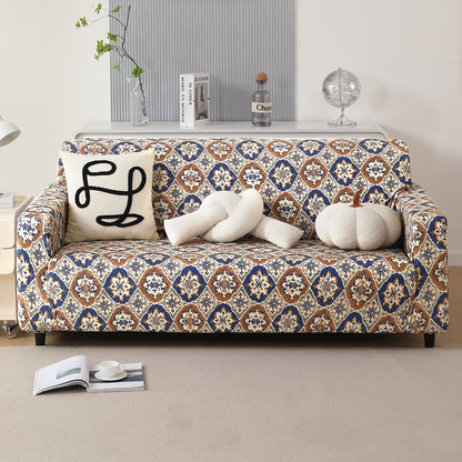 Premium Printed Velvet Sofa Cover 1/2/3 Seaters Fully Covered, Indigo Moroccan Charm