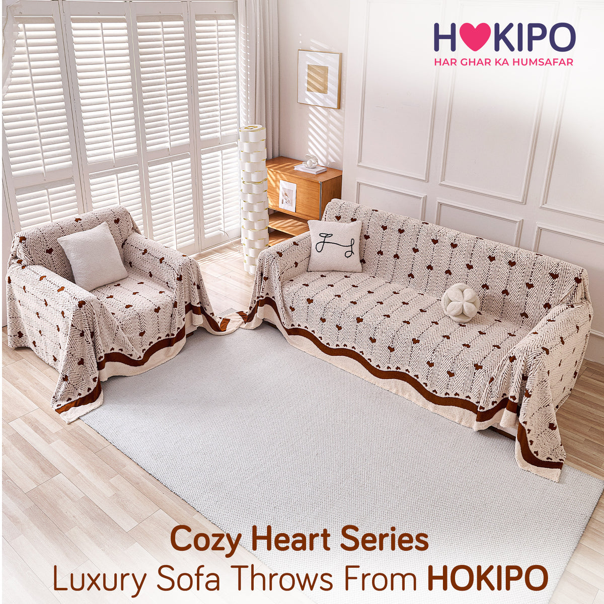 Buy Mocha Cream Colour Cozy Heart Series Luxury Plush Sofa Throw or 3+1​ Seater Sofa Set | HOKIPO