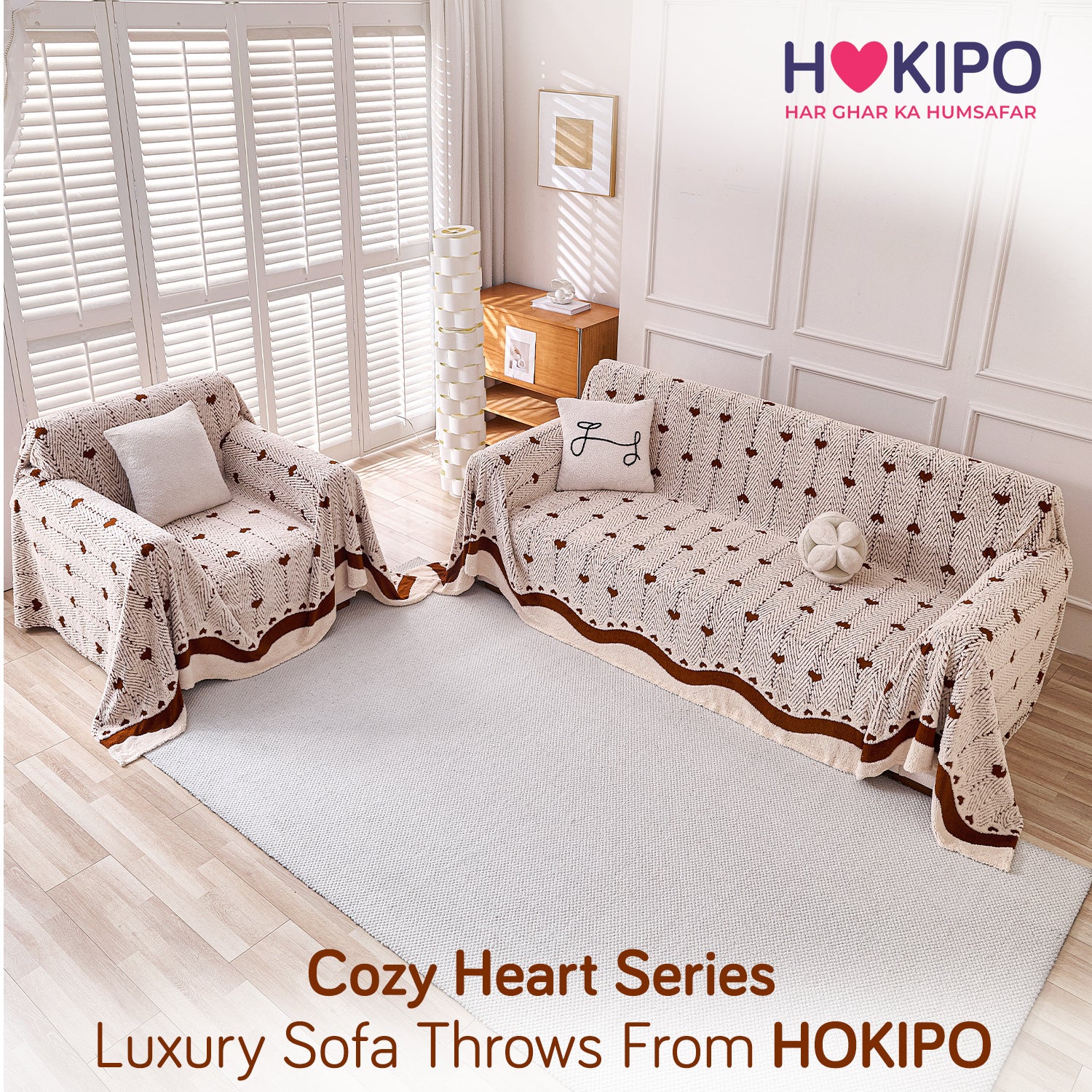 Buy Mocha Cream Colour Cozy Heart Series Luxury Plush Sofa Throw or 3+1​ Seater Sofa Set | HOKIPO