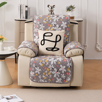 Quilted Cover for Recliner Sofa with SecureFit Belt & Side Pocket, Pastel Brown Sandwort Flower