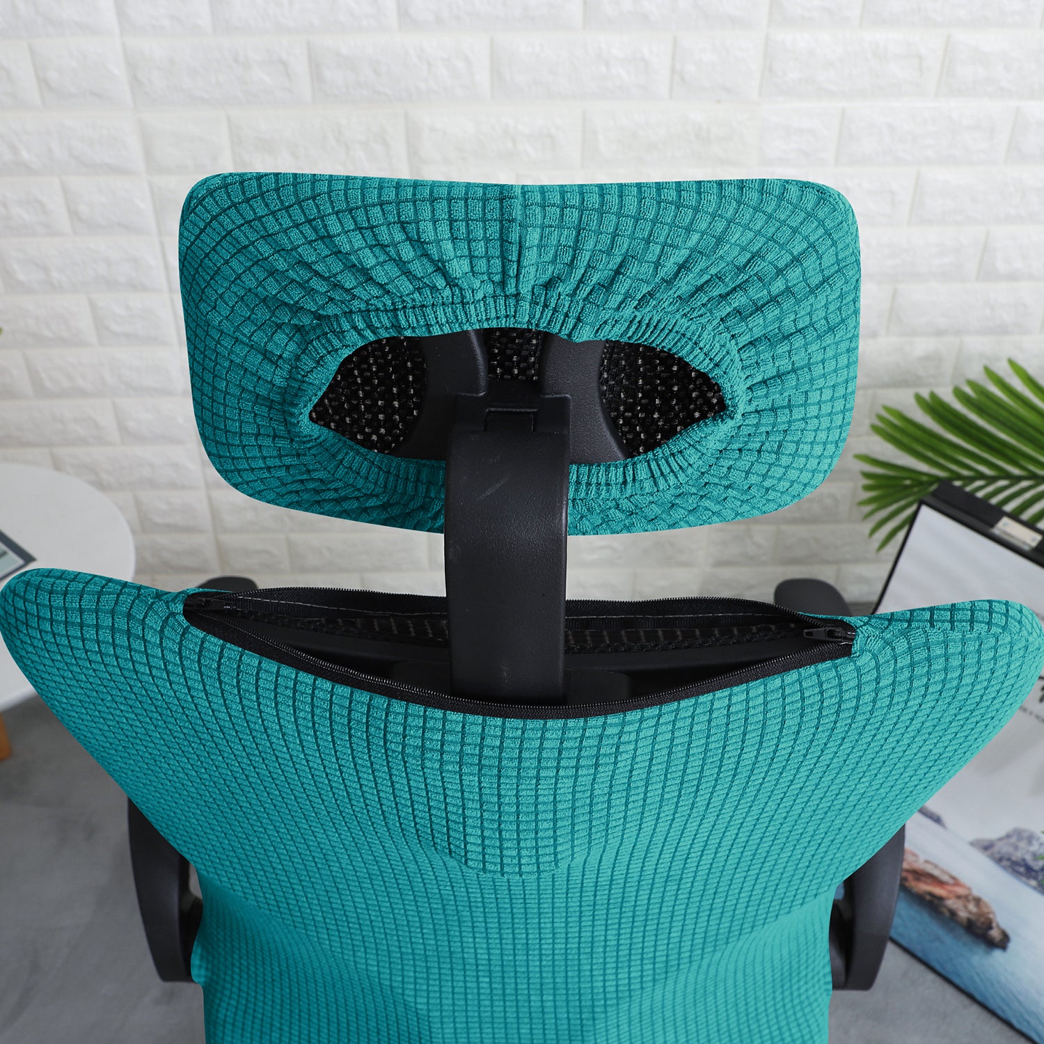 Stretchable Jacquard Office Boss Chair Seat Cover with Headrest Cover for Computer Desk Chair, Teal