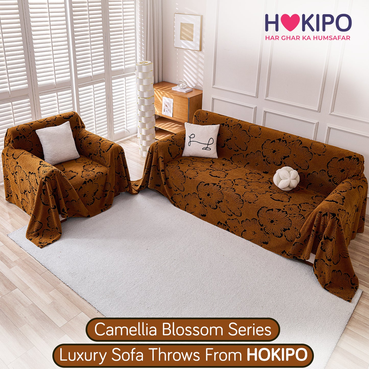 Buy Rustic Caramel Colour Camellia Blossom Luxury Plush Sofa Throw​ for 3+2 seater​ sofa | HOKIPO
