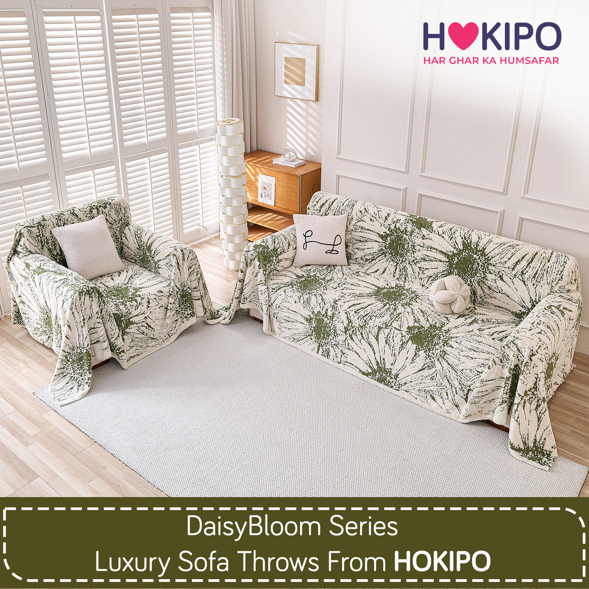 Buy Moss Green Colour DaisyBloom Series Luxury Plush Sofa Throw for 3 1​ Seater Sofa Set | HOKIPO