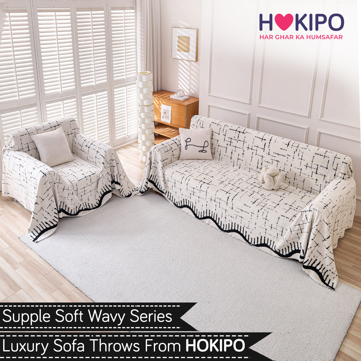 Buy Off-White Colour Supple Soft Wavy Plush Sofa Throw for 3 1​ Seater Sofa Set | HOKIPO