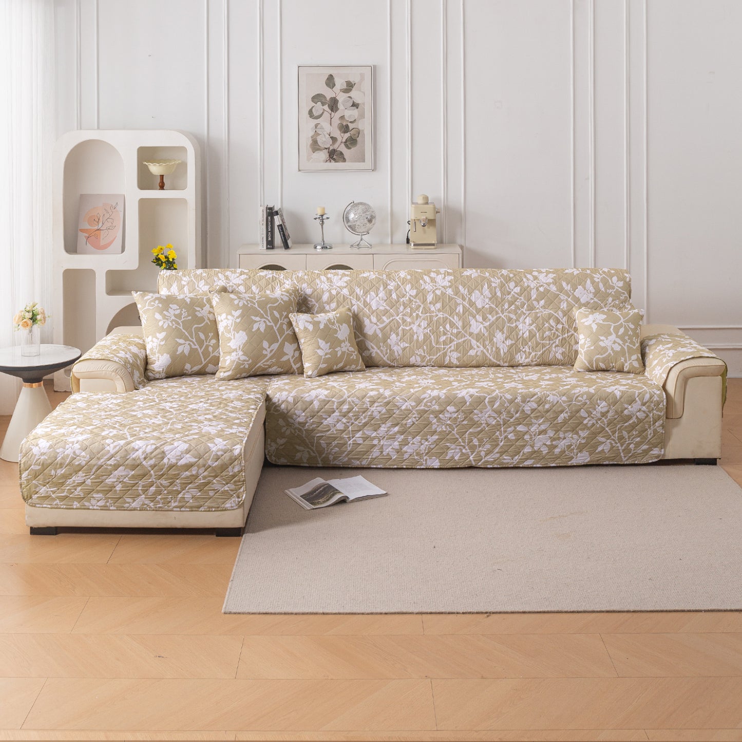 Elira Series Quilted One-Piece L Shape Sofa Cover Mat with Left and Right Chaise, Buff Brown Sillehoute Floral