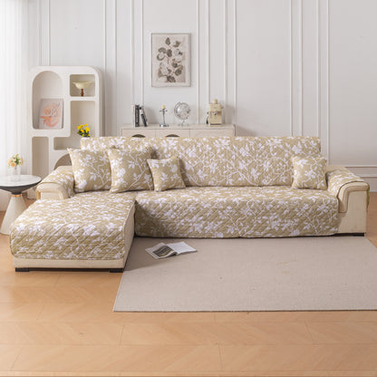 Elira Series Quilted One-Piece L Shape Sofa Cover Mat with Left and Right Chaise, Buff Brown Sillehoute Floral