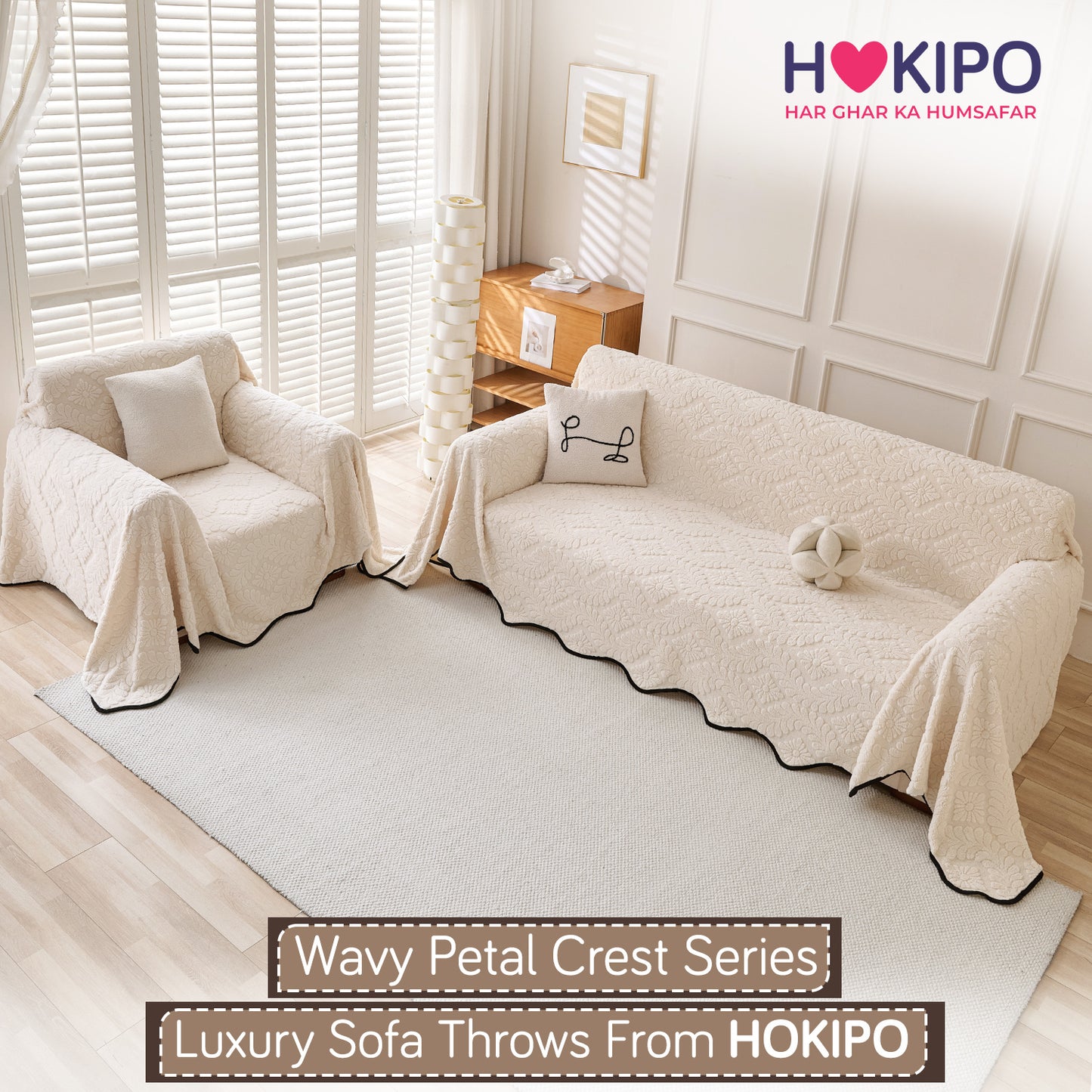 Buy Light Cream Colour Wavy Petal Crest Series Plush Sofa Throw for 3 1​ Seater Sofa Set | HOKIPO