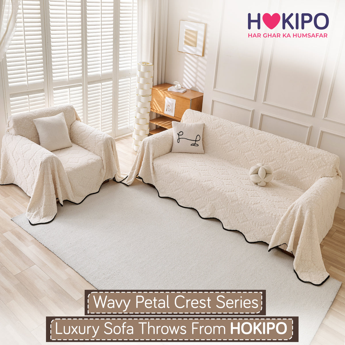 Buy Light Cream Colour Wavy Petal Crest Series Plush Sofa Throw for 3 1​ Seater Sofa Set | HOKIPO