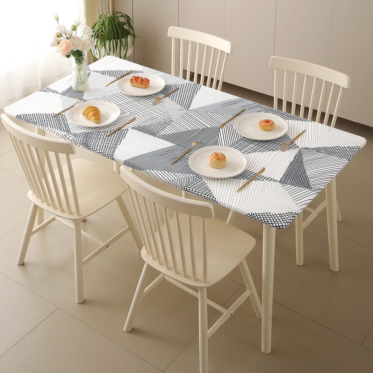 Buy Snow White Black Geometry Printed Water-Repellent Anti-Slip Elastic Stretch Dining Table Cover- HOKIPO