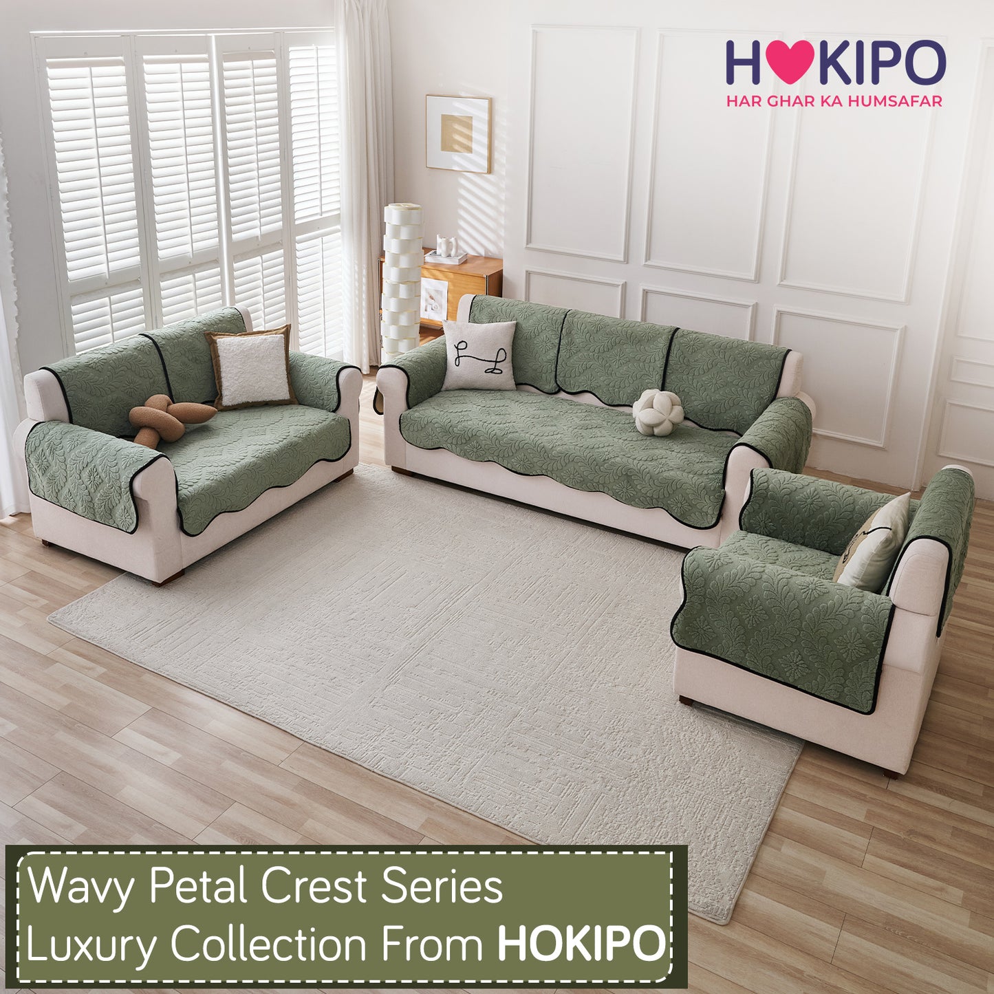Embossed Floral Jacquard Anti-Slip Sofa Cover Mat, 'Wavy Petal Crest Series' Sage Green