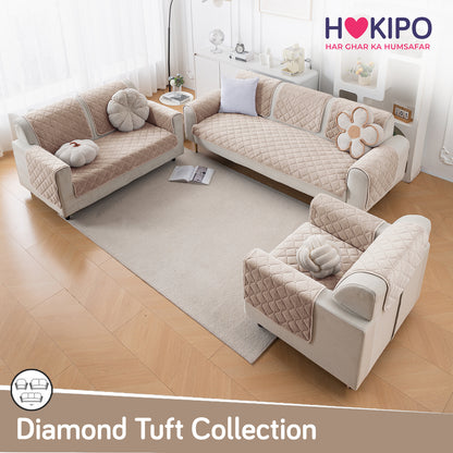 Diamond Tuft Plush Sofa Cover Mat, Warm Taupe