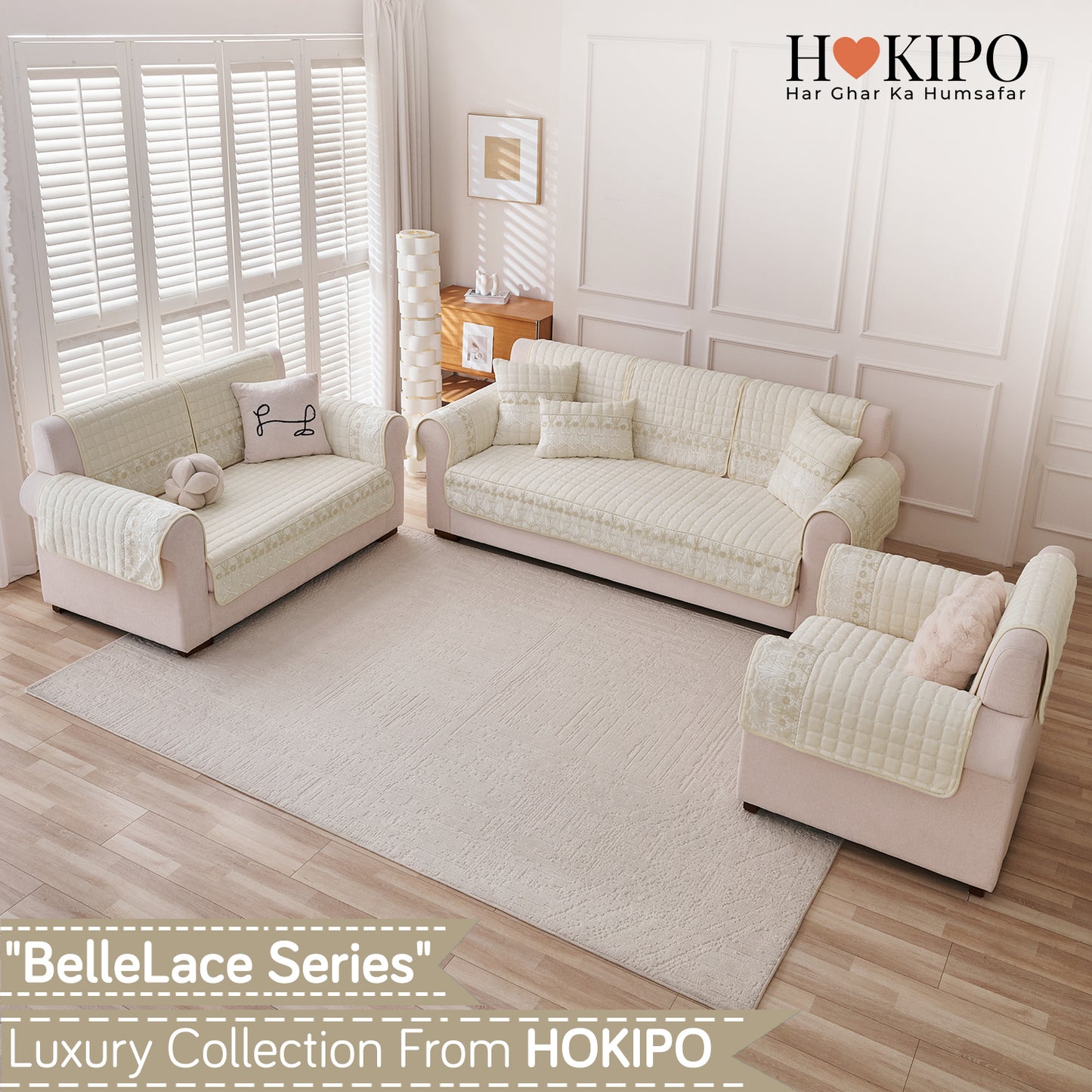 BelleLace Series Premium Imperial Milk Velvet Sofa Cover Mat with Lace Design -  Pearl White