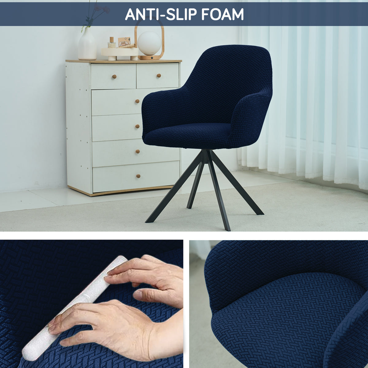 Premium Jacquard Fully Covered Cover for Swivel Dining Chair with Arms, Navy Blue