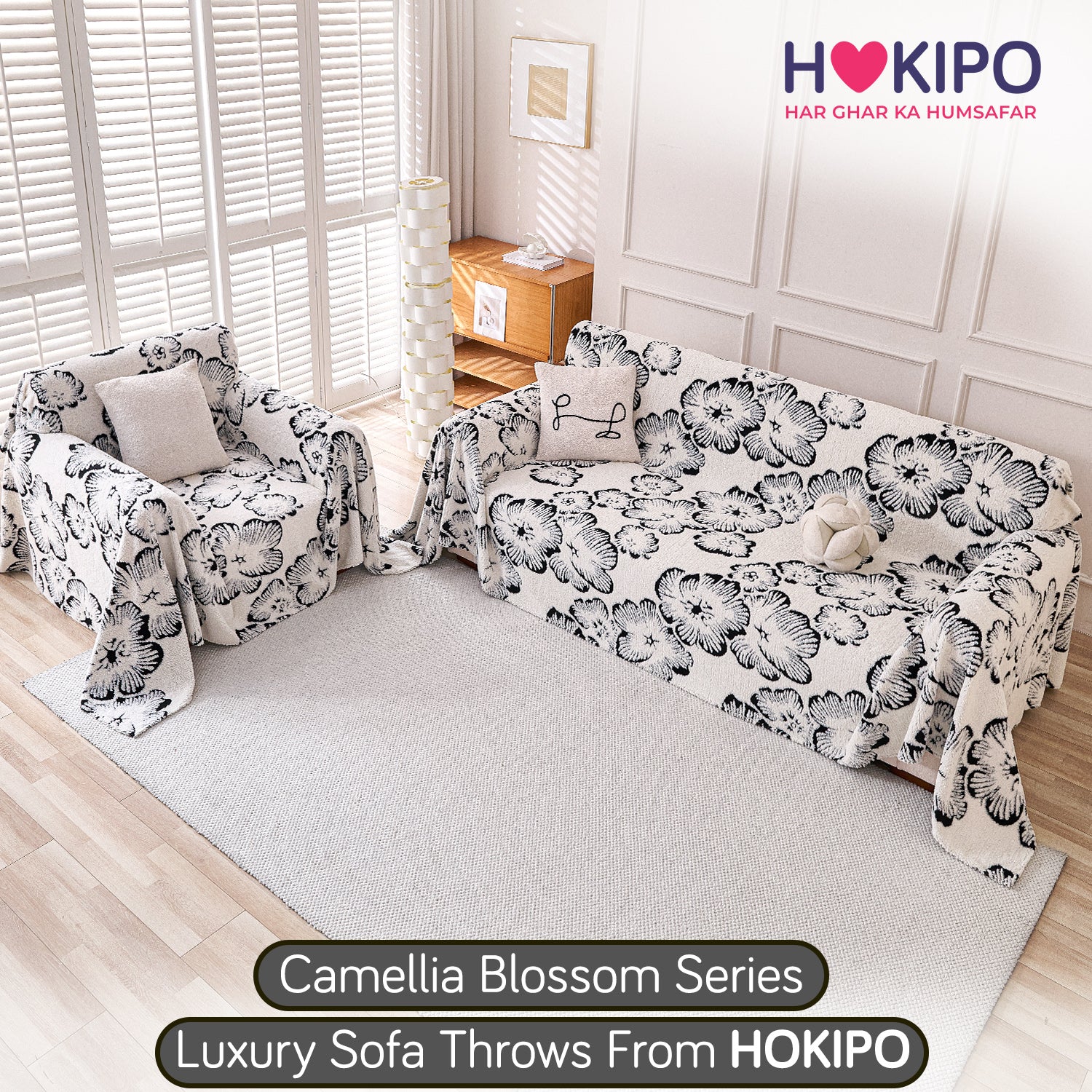 Buy Ivory Blossom Colour Camellia Blossom Luxury Plush Sofa Throw​ for 3 2 seater​ sofa | HOKIPO