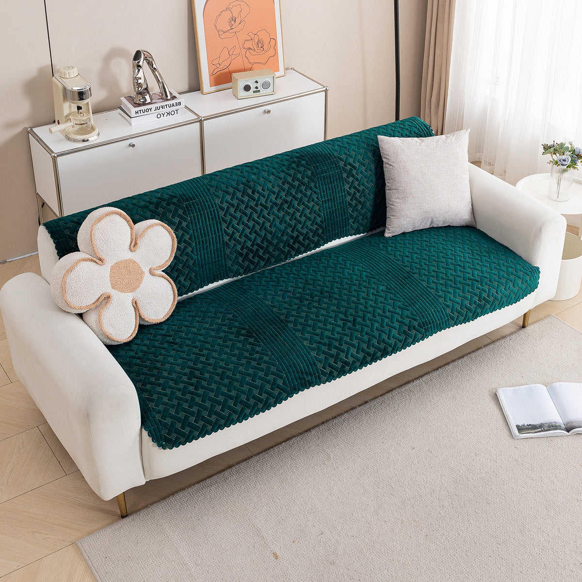 Modern Matrix 5-Seater Reversible Sofa Cover (3+1+1), Emerald Green