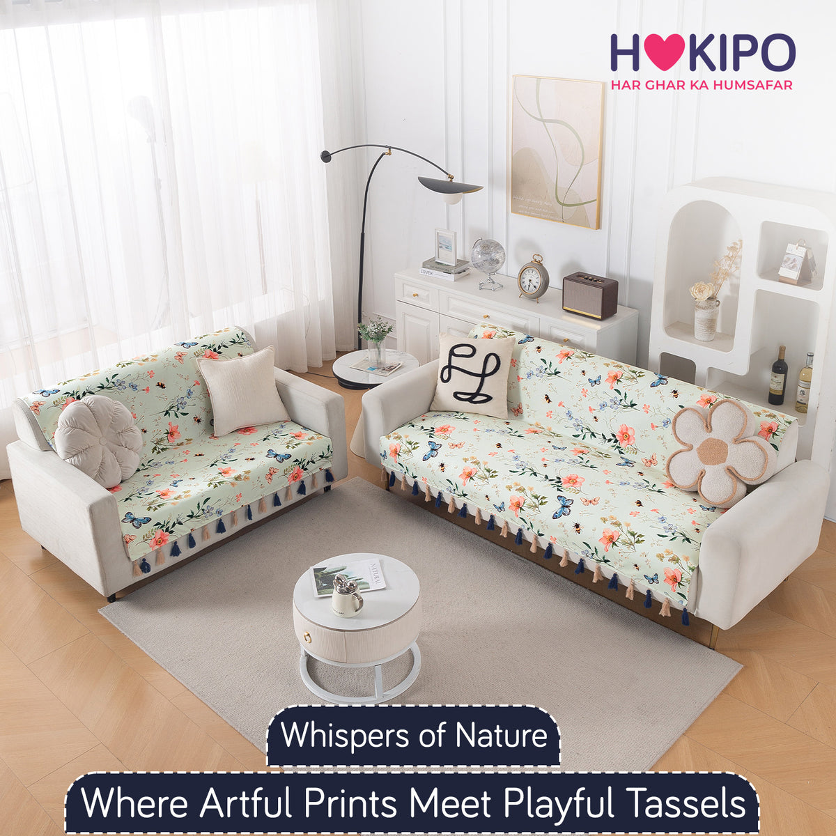 'Whispers of Nature' Series Holland Velvet Sofa Cover with Tassel, Pastel Butterfly Meadow