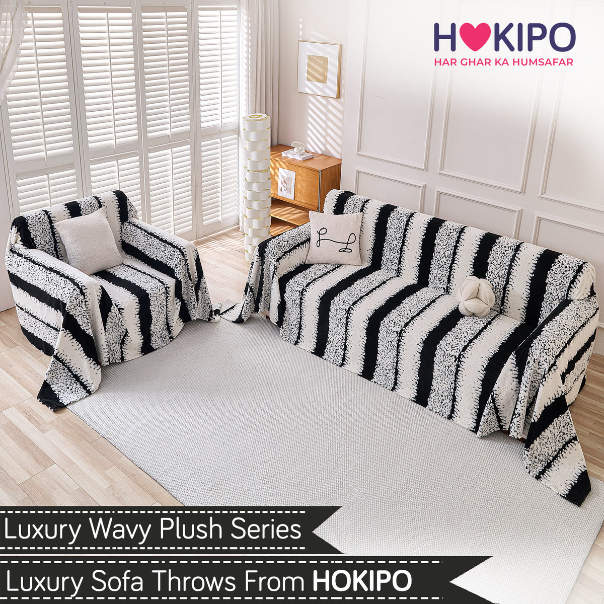 Buy Black Colour Luxury Wavy Plush Sofa Throw for 3+1​ Seater Sofa Set | HOKIPO
