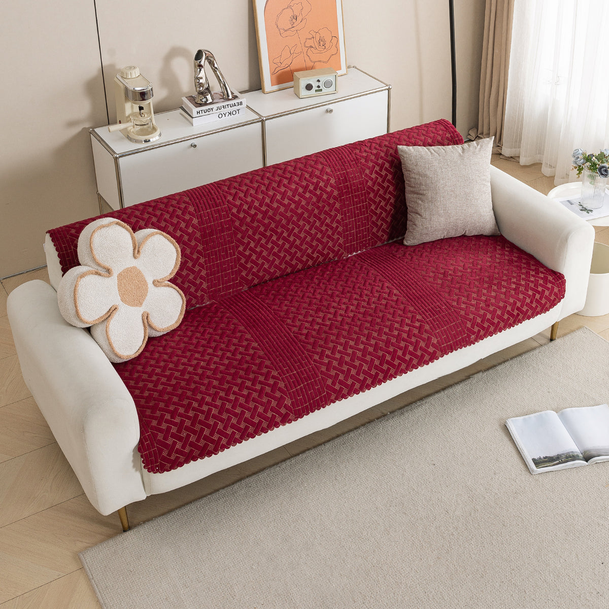 Modern Matrix 5-Seater Reversible Sofa Cover (3+1+1), Merlot Red