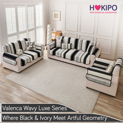 HOKIPO Boho Geometry Sofa Cover Mat| 'Valenca Wavy Luxe Series' Midnight Black