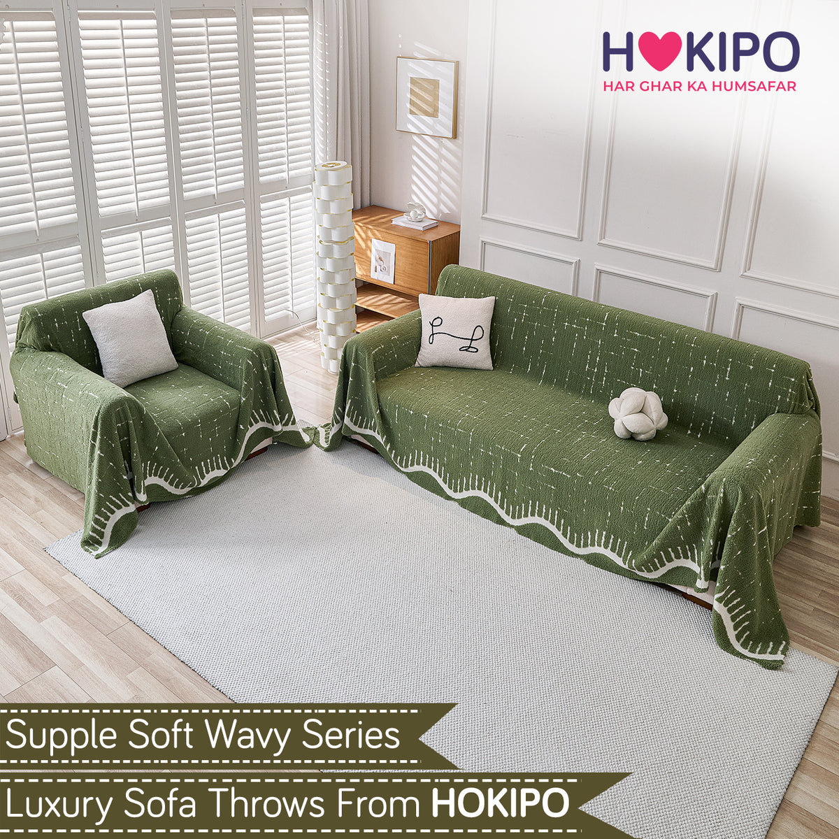 Buy Green Colour Supple Soft Wavy Plush Sofa Throw for 3 1​ Seater Sofa Set | HOKIPO